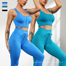 Athletic Wear Two Piece Sports Sports Stretchy Streamless Herfless Zipper Yoga Set Rib Fitness Wear Set pour les femmes